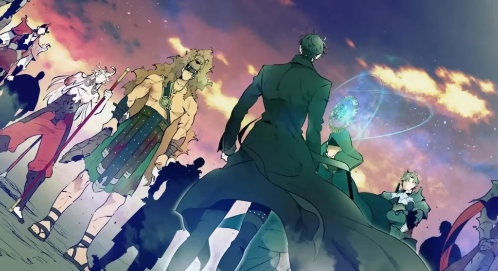 Dynamic cover art for the fantasy action manhwa Leveling Up With Gods, featuring protagonist Kim YuWon and powerful mythological figures.