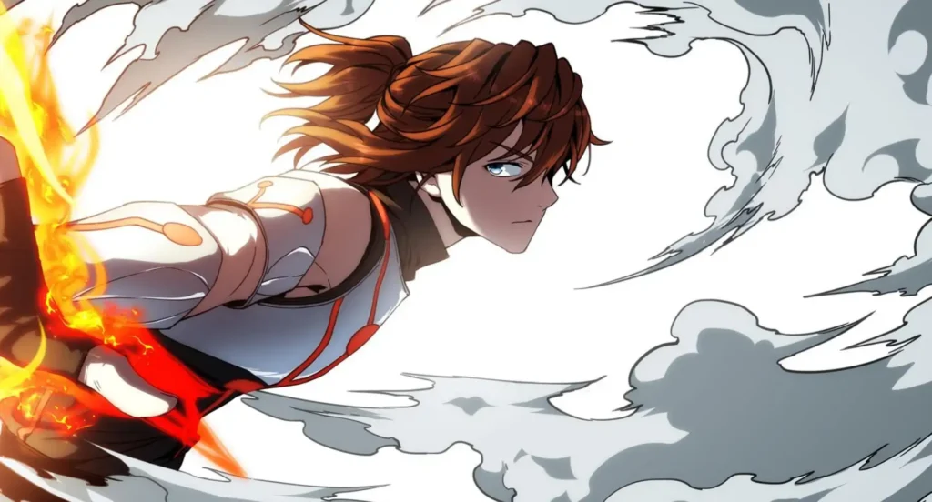 A detailed illustration from the manhwa The Beginning After the End, featuring Arthur Leywin as an adult, often with Regis or Sylvia, showcasing his magical abilities or combat scenes.